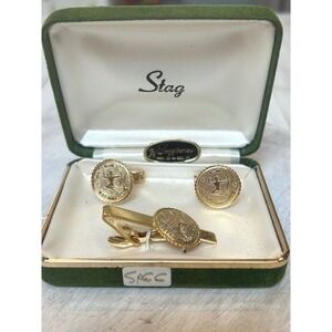 Stag Sagittarius Zodiac Gold Tone Cufflinks Tie Clip Set Vintage Gift